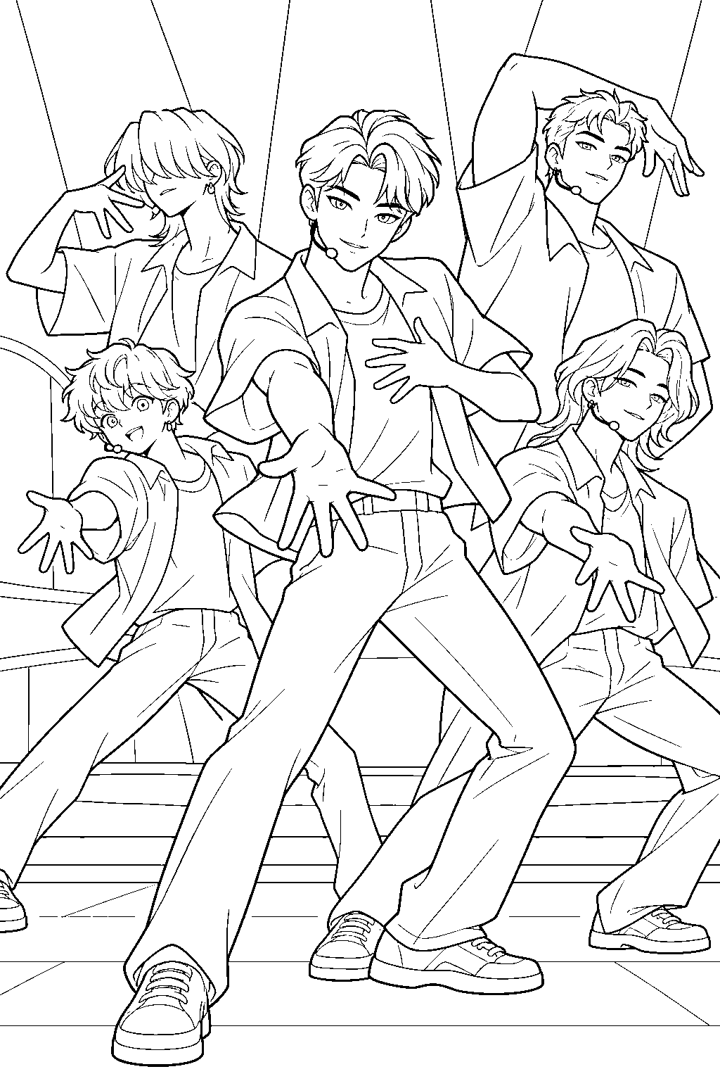 kpop demon hunters jinu dancing with the saja boys on stage line art