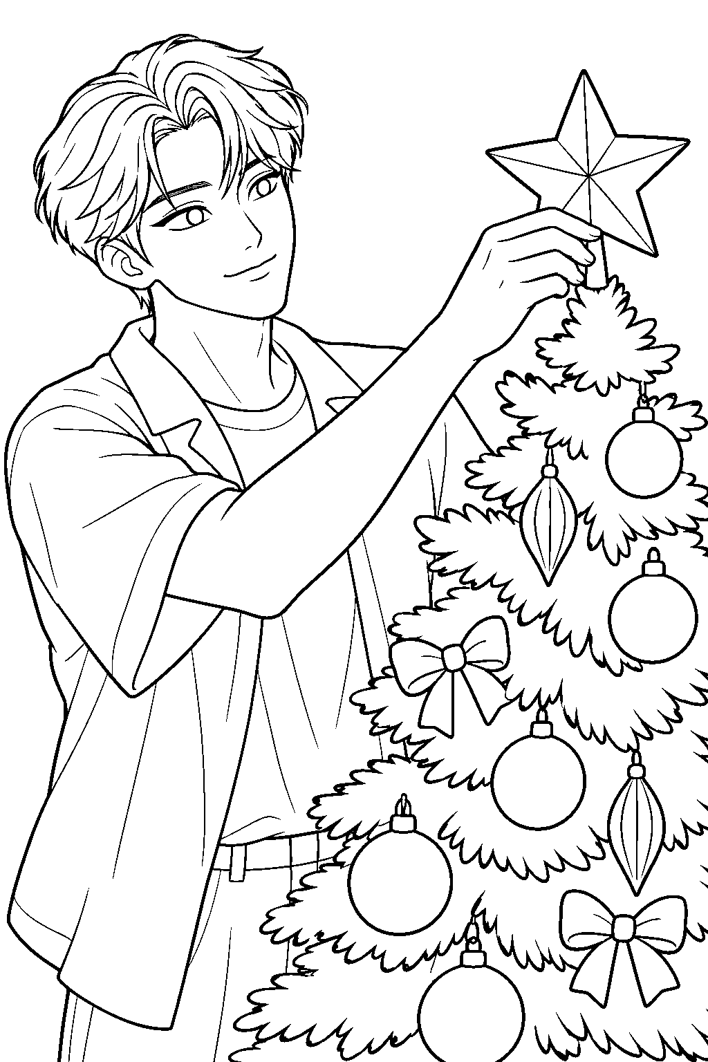 kpop demon hunters jinu decorating a christmas tree line art