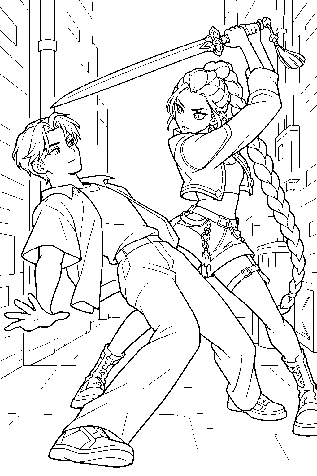kpop demon hunters jinu dodging rumi s sword in an alley line art