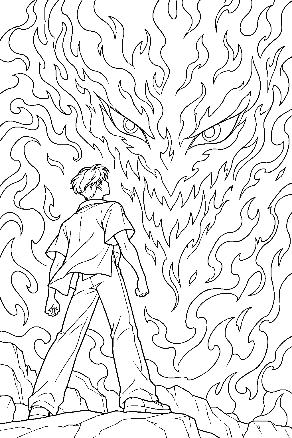 kpop demon hunters jinu facing gwi ma in the underworld line art