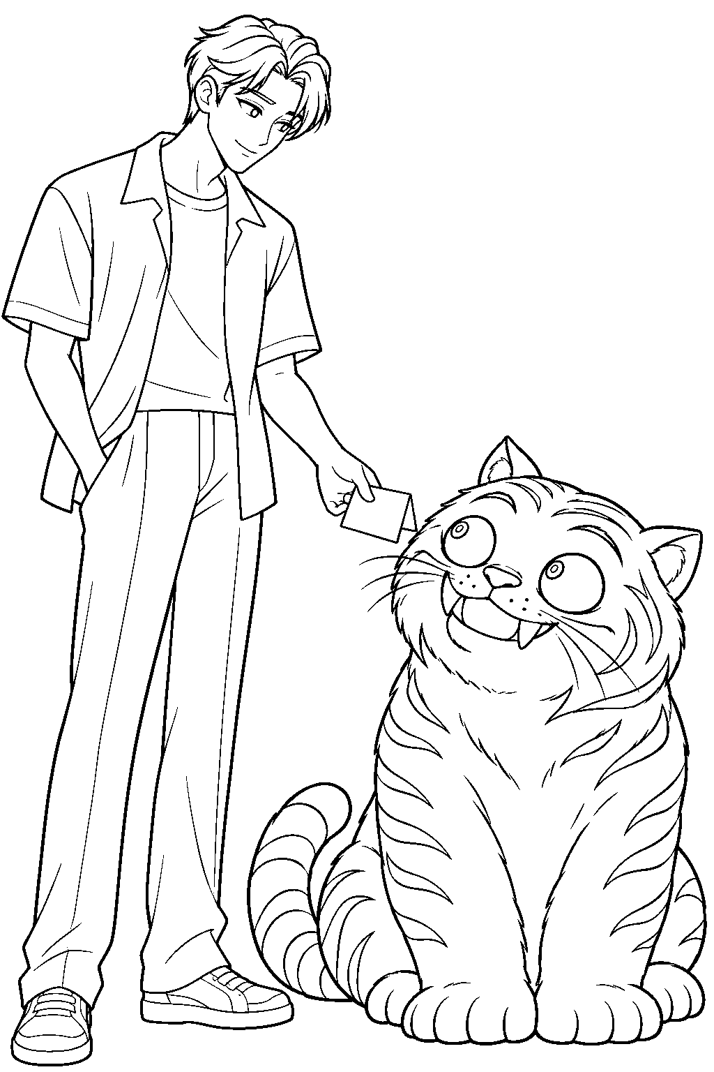 kpop demon hunters jinu giving derpy tiger a message for rumi line art
