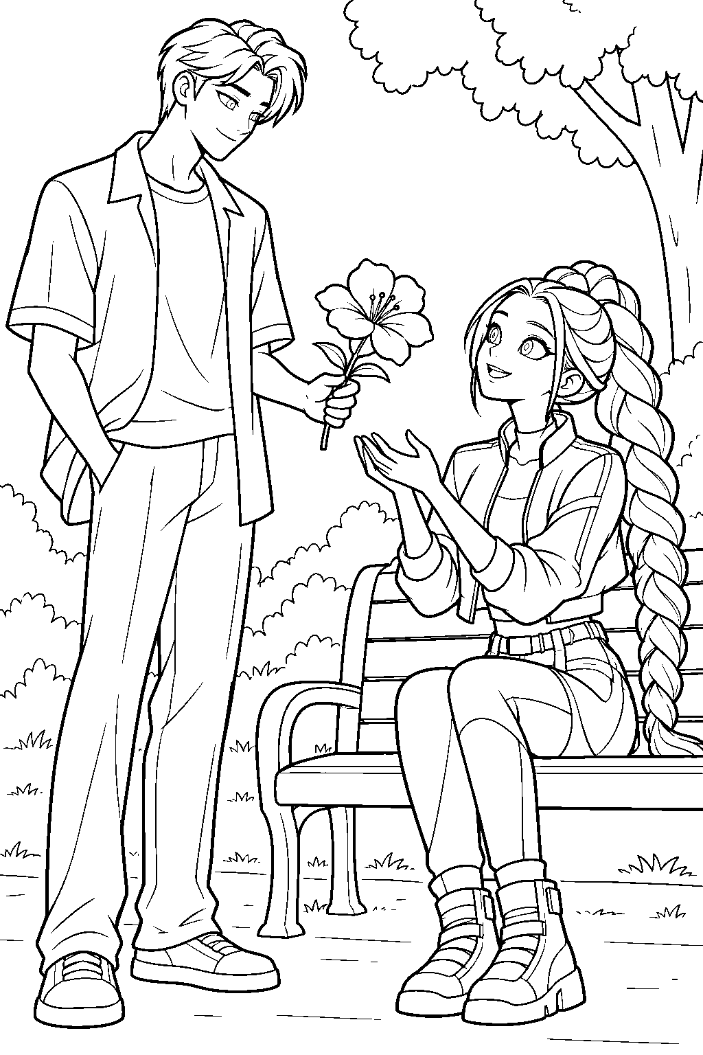 kpop demon hunters jinu giving rumi a flower in a park line art