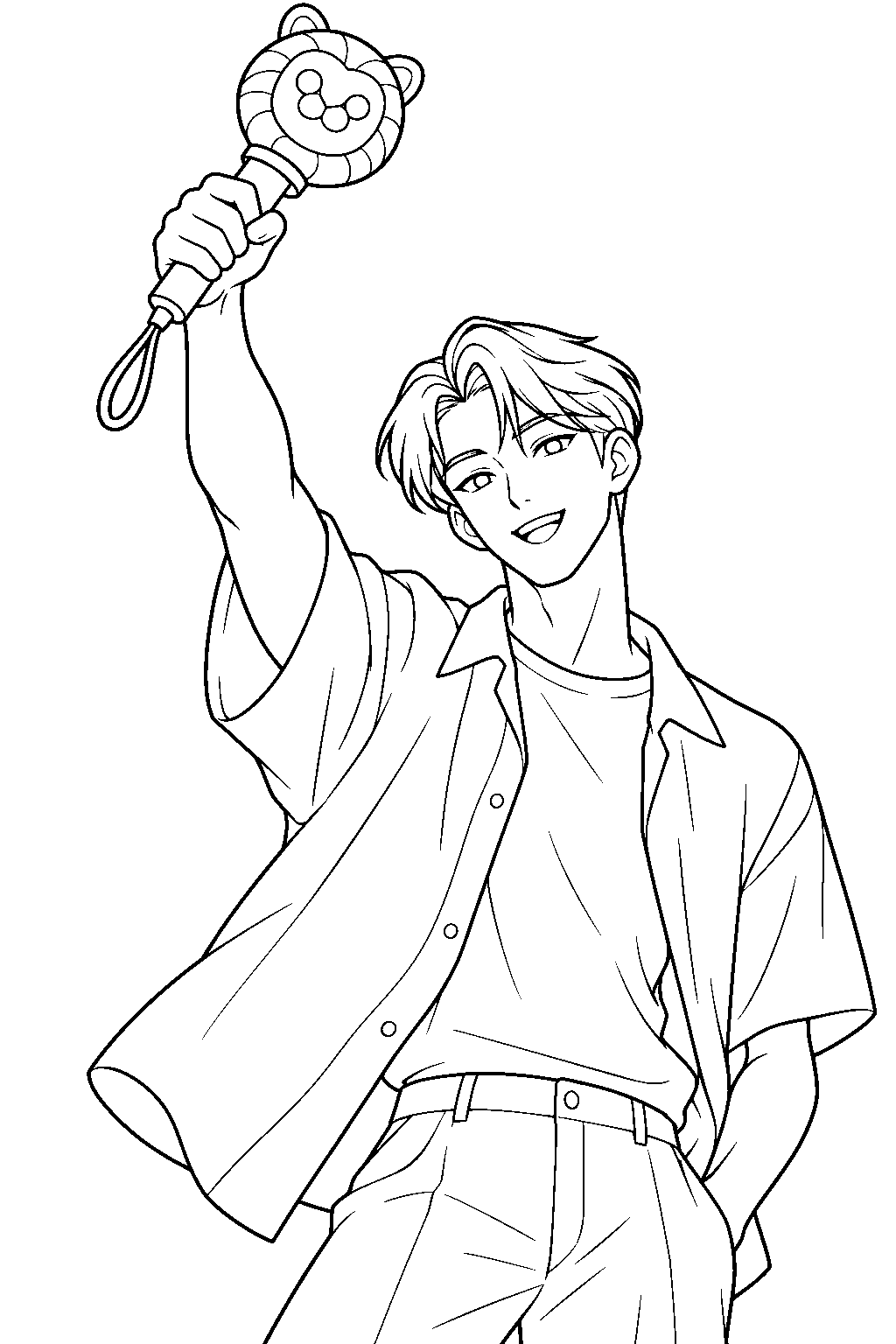 kpop demon hunters jinu holding a saja boys light stick above his head line art