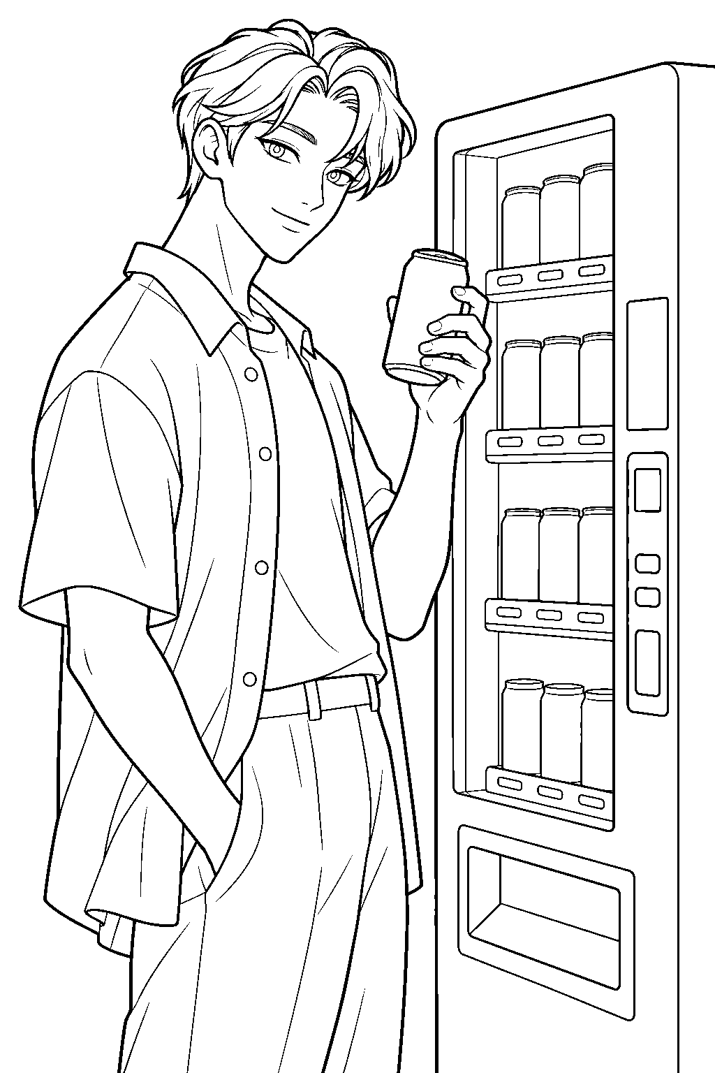 kpop demon hunters jinu holding a soda pop can beside a vending machine line art