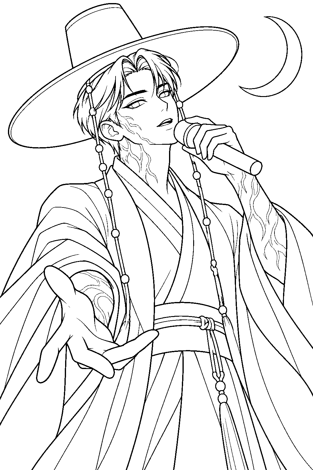 kpop demon hunters jinu in demon form singing your idol beneath a crescent moon line art