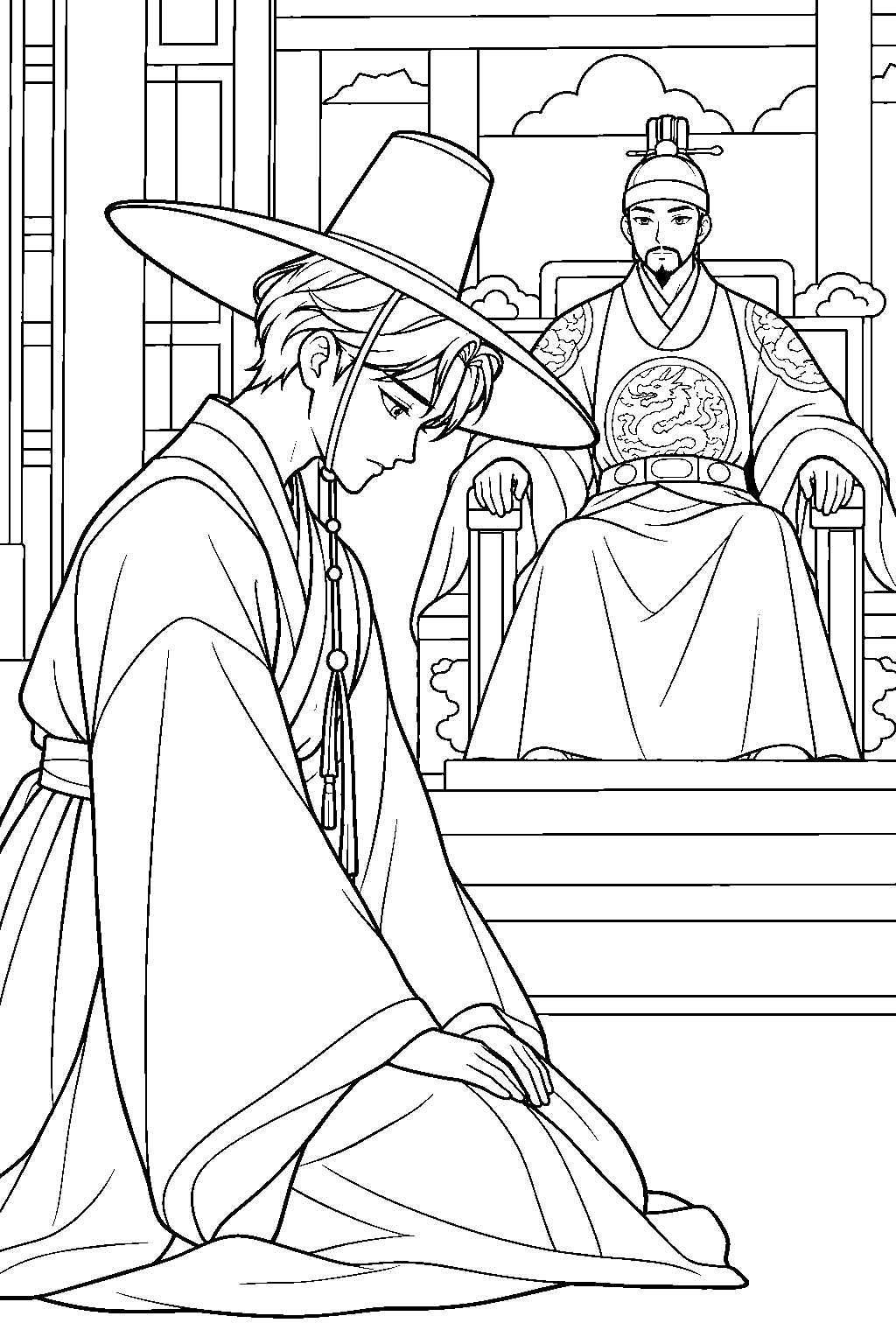 kpop demon hunters jinu kneeling before the king in a joseon palace line art