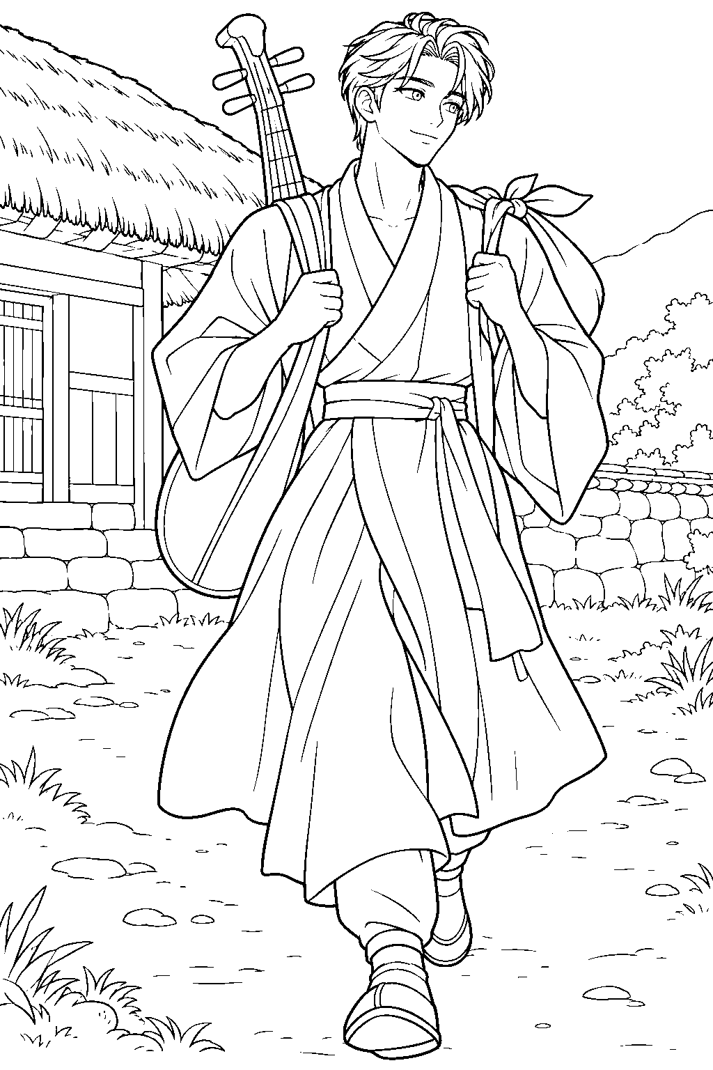 kpop demon hunters jinu leaving his joseon home with his bipa line art