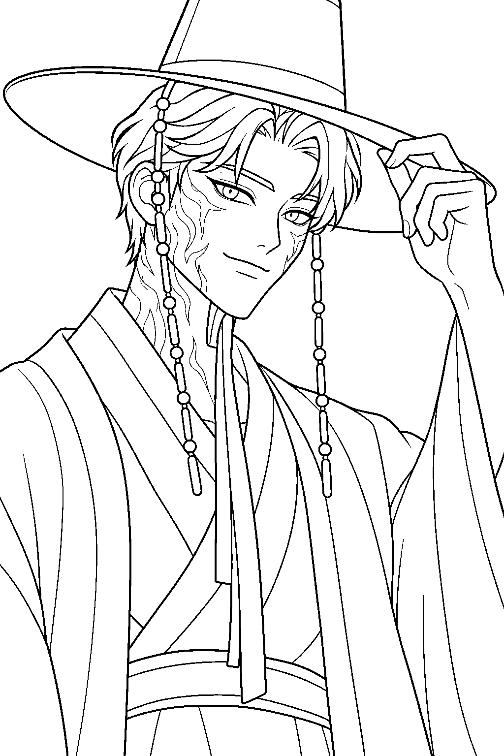 kpop demon hunters jinu lifting his gat to reveal his demon eyes line art