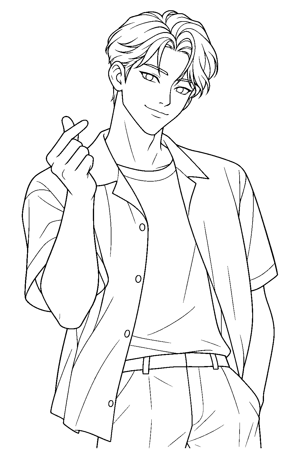 kpop demon hunters jinu making a finger heart in his soda pop outfit line art