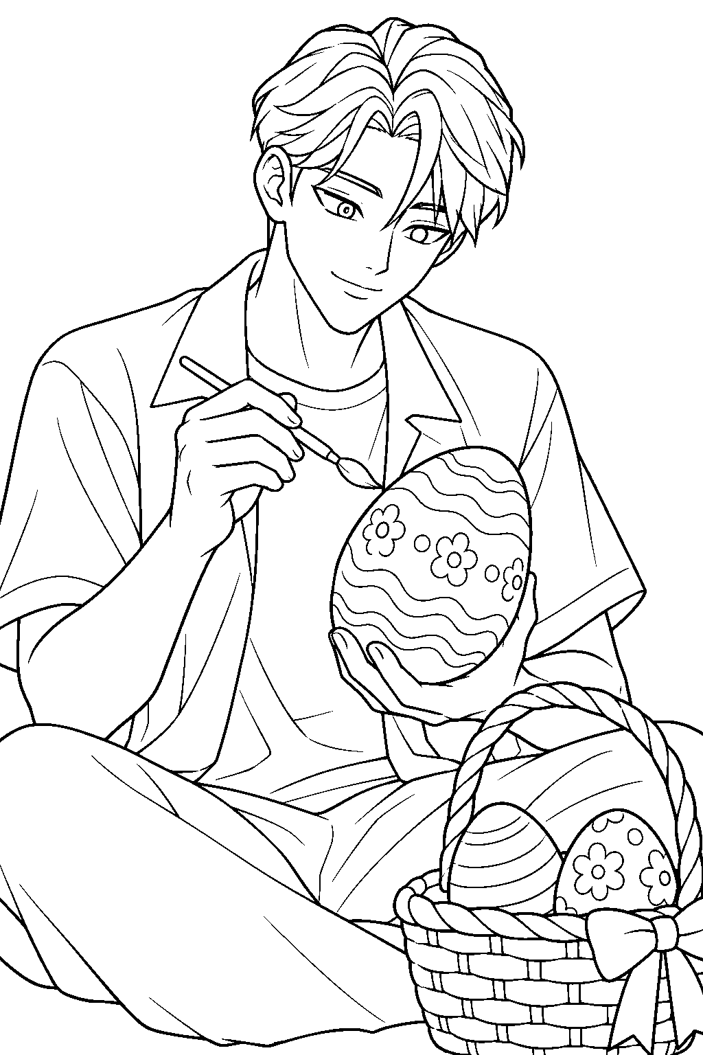 kpop demon hunters jinu painting an easter egg beside an easter basket line art