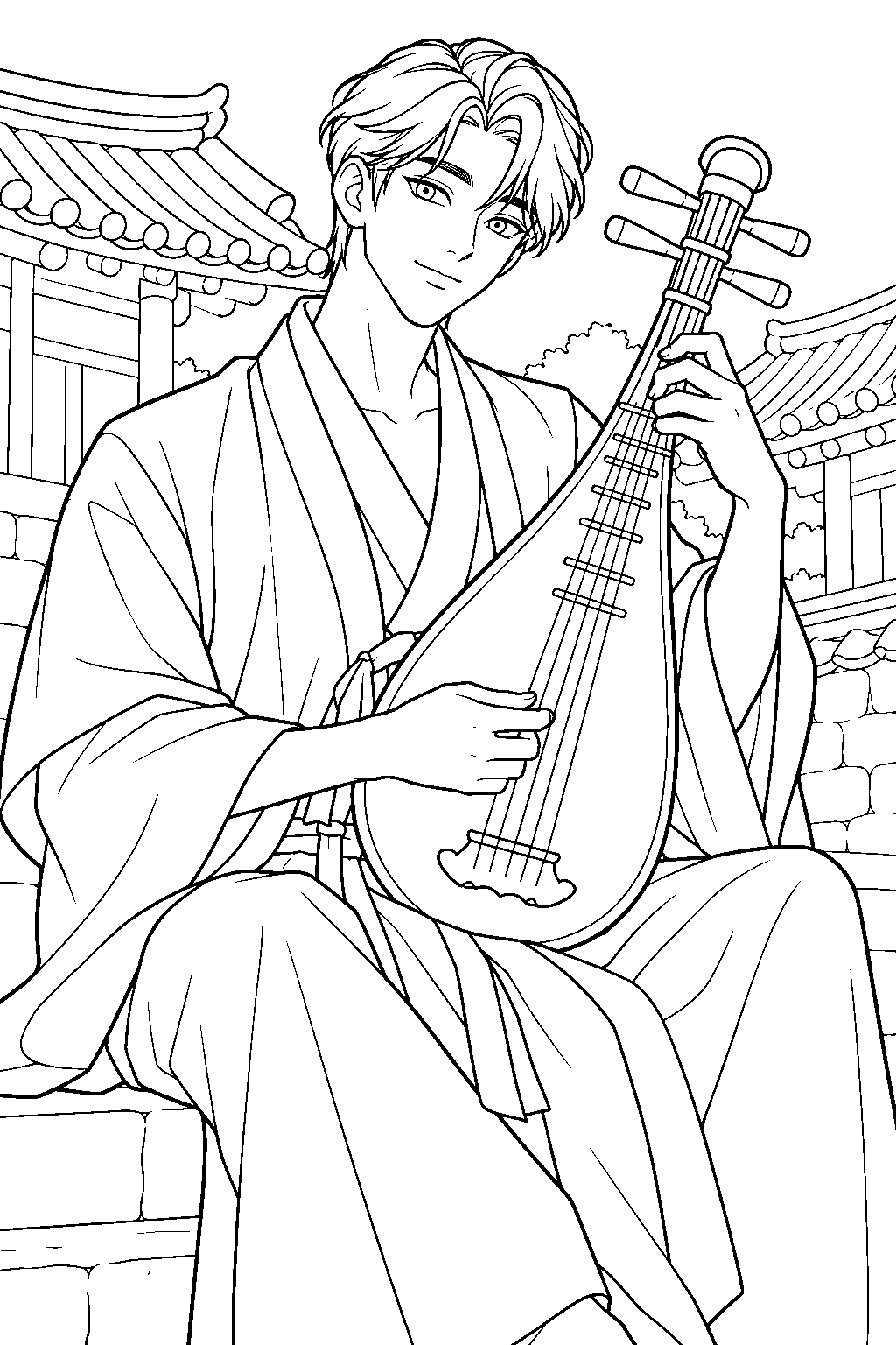 kpop demon hunters jinu playing his bipa in a joseon village line art