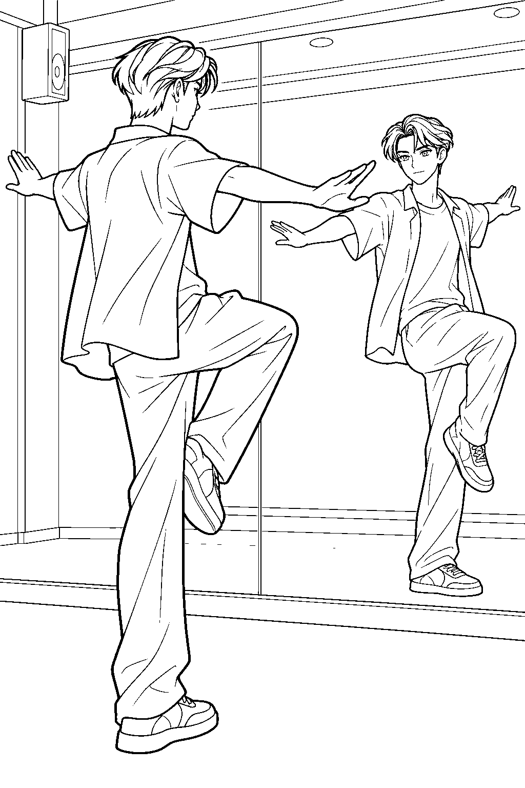 kpop demon hunters jinu practicing a dance step in a rehearsal studio line art