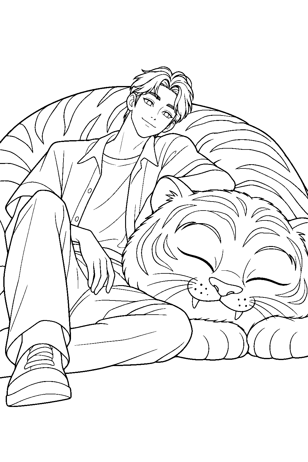 kpop demon hunters jinu resting against a sleeping derpy tiger line art
