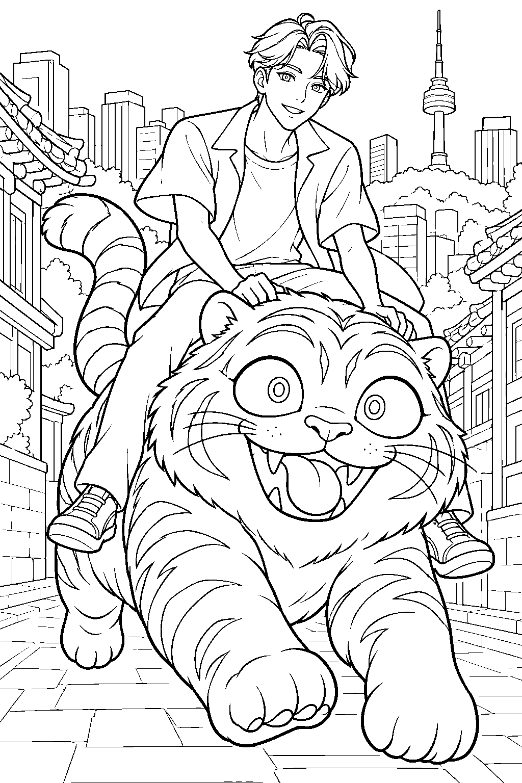 kpop demon hunters jinu riding derpy tiger through seoul line art