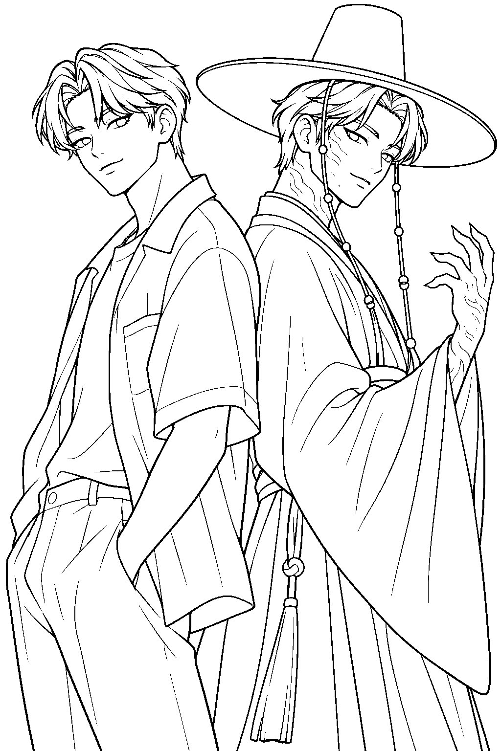 kpop demon hunters jinu s human and demon forms standing back to back line art