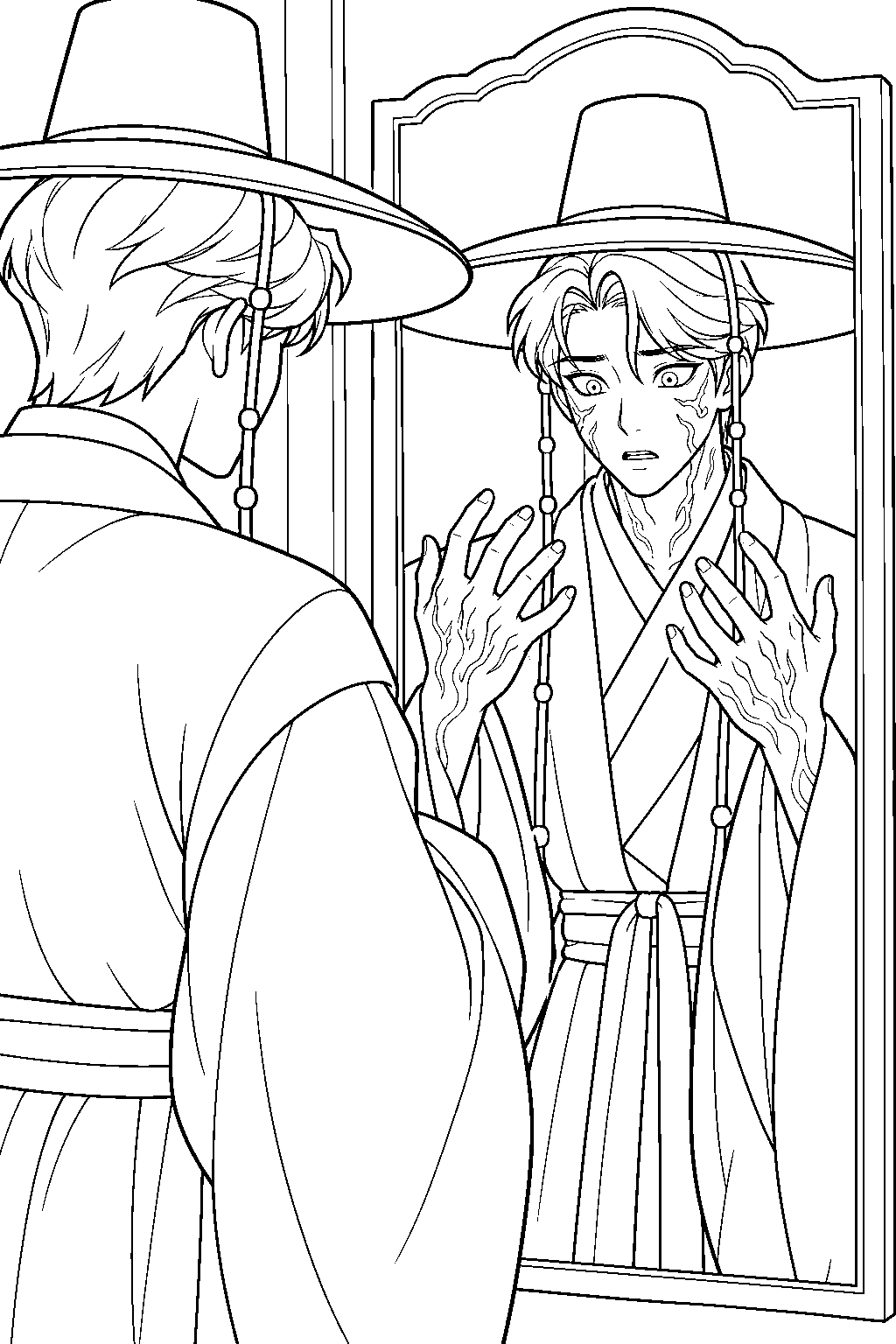 kpop demon hunters jinu seeing his demon markings in a palace mirror line art