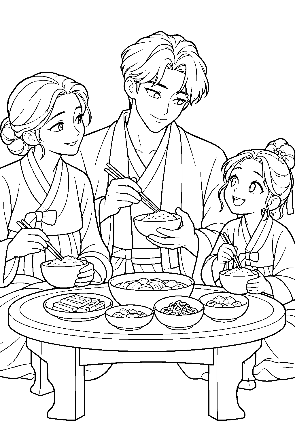 kpop demon hunters jinu sharing a meal with his mother and little sister line art