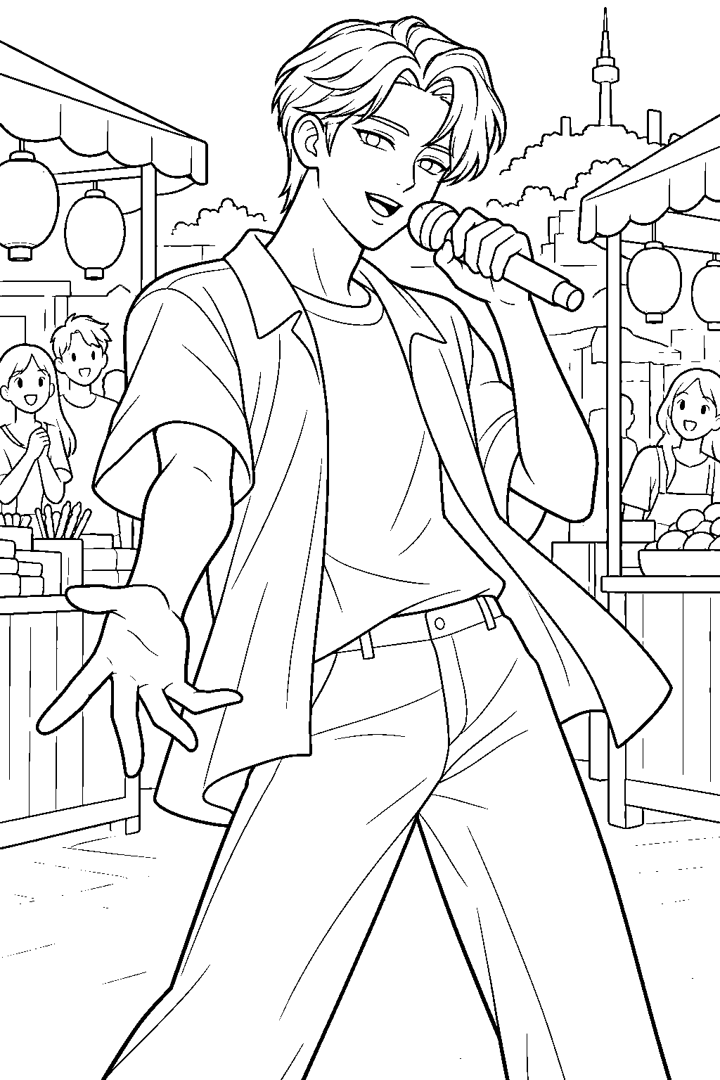 kpop demon hunters jinu singing soda pop at a seoul street market line art