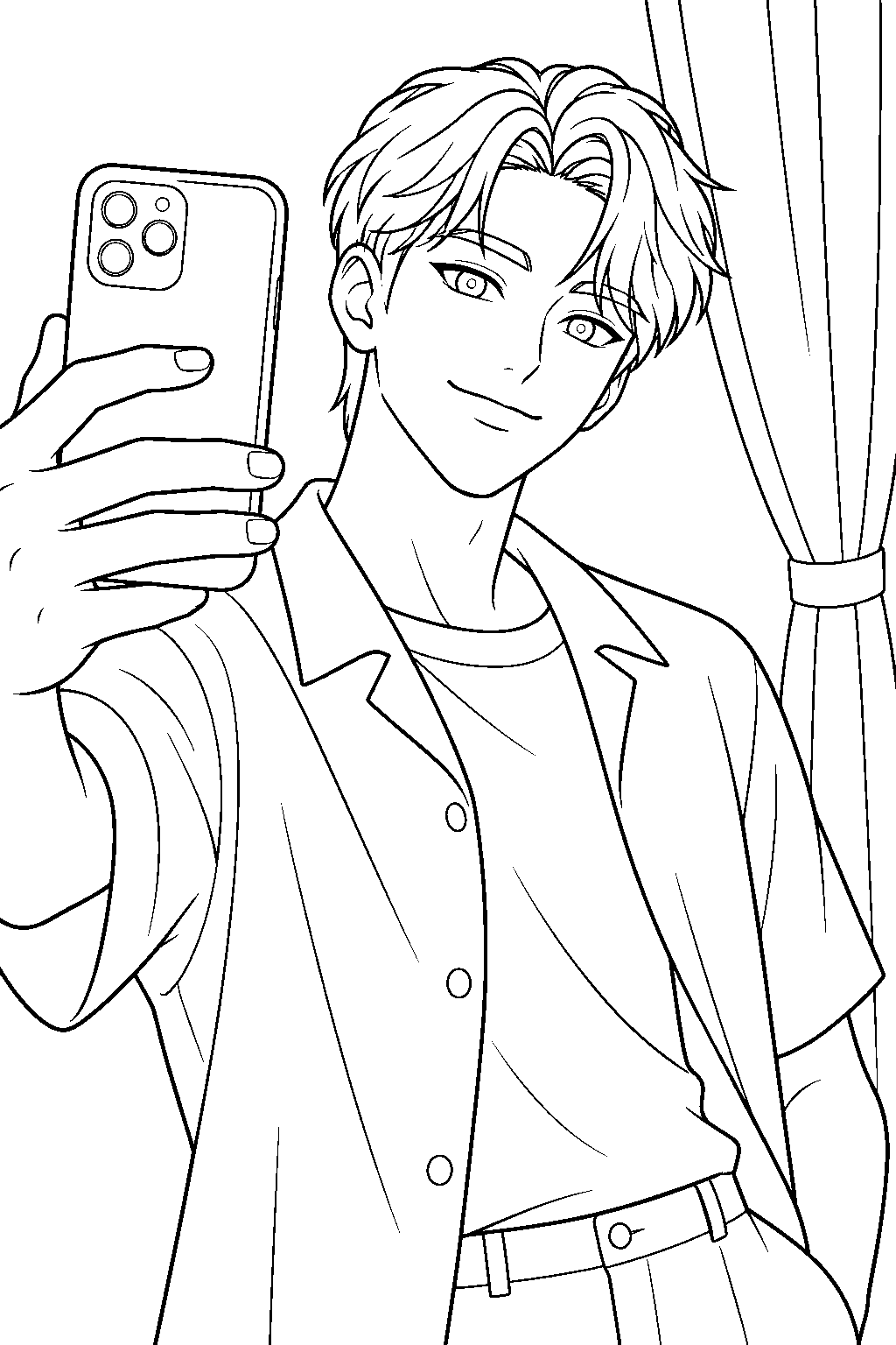 kpop demon hunters jinu taking a selfie backstage line art