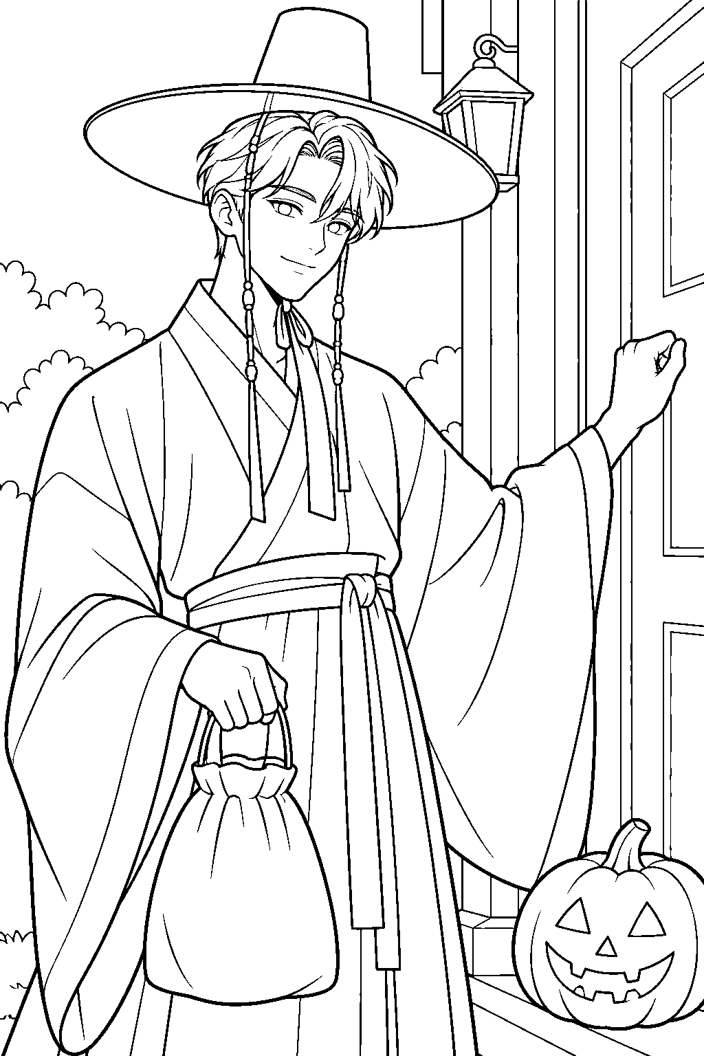 kpop demon hunters jinu trick or treating in his demon costume line art