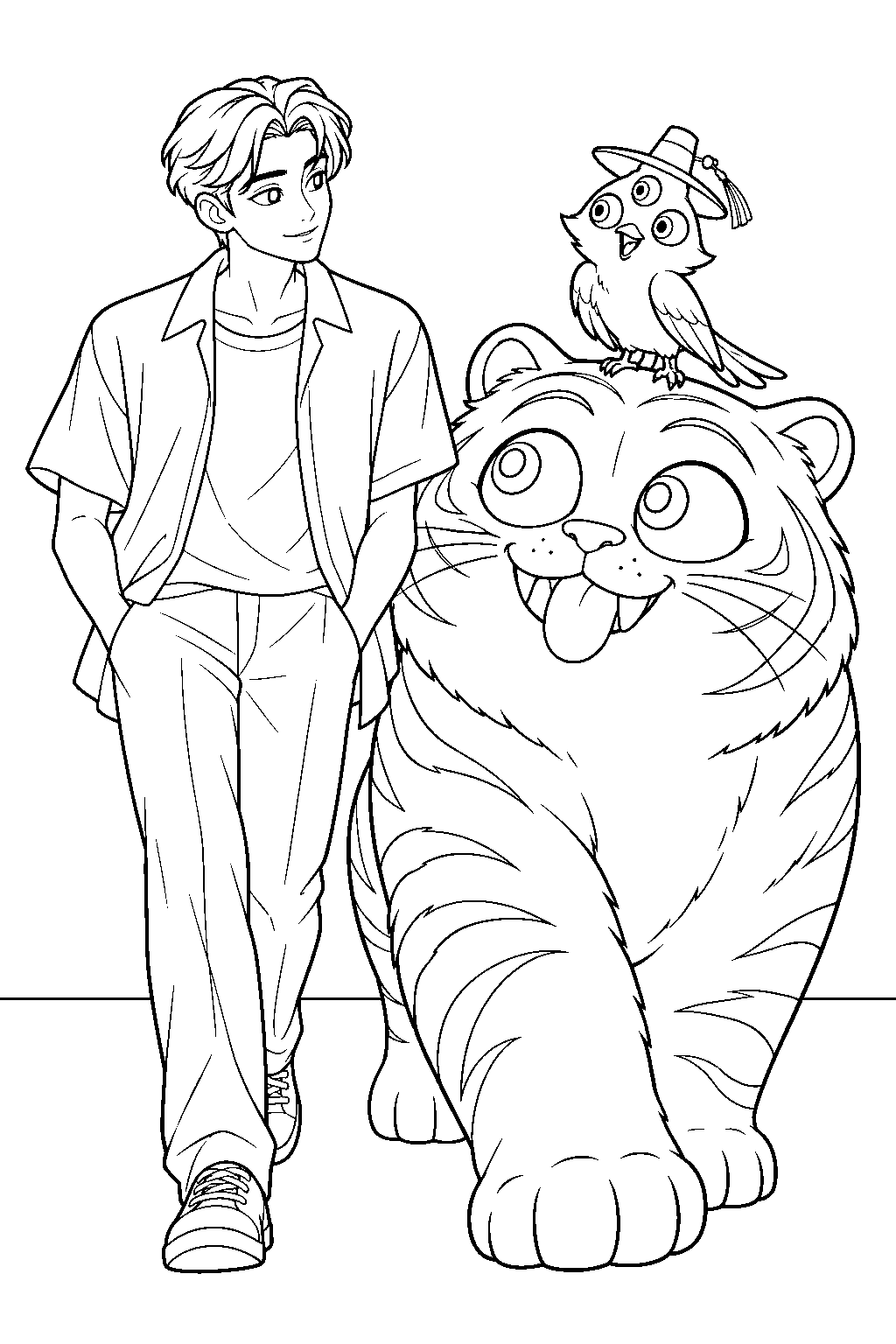 kpop demon hunters jinu walking with derpy tiger and sussie line art