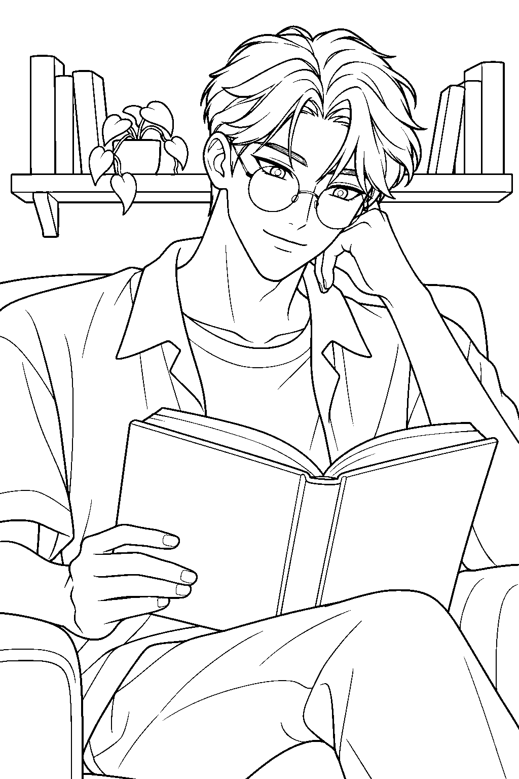 kpop demon hunters jinu wearing glasses and reading a book in a library line art