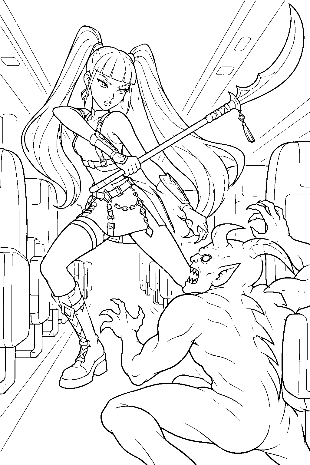 kpop demon hunters mira battling a demon between airplane seats line art