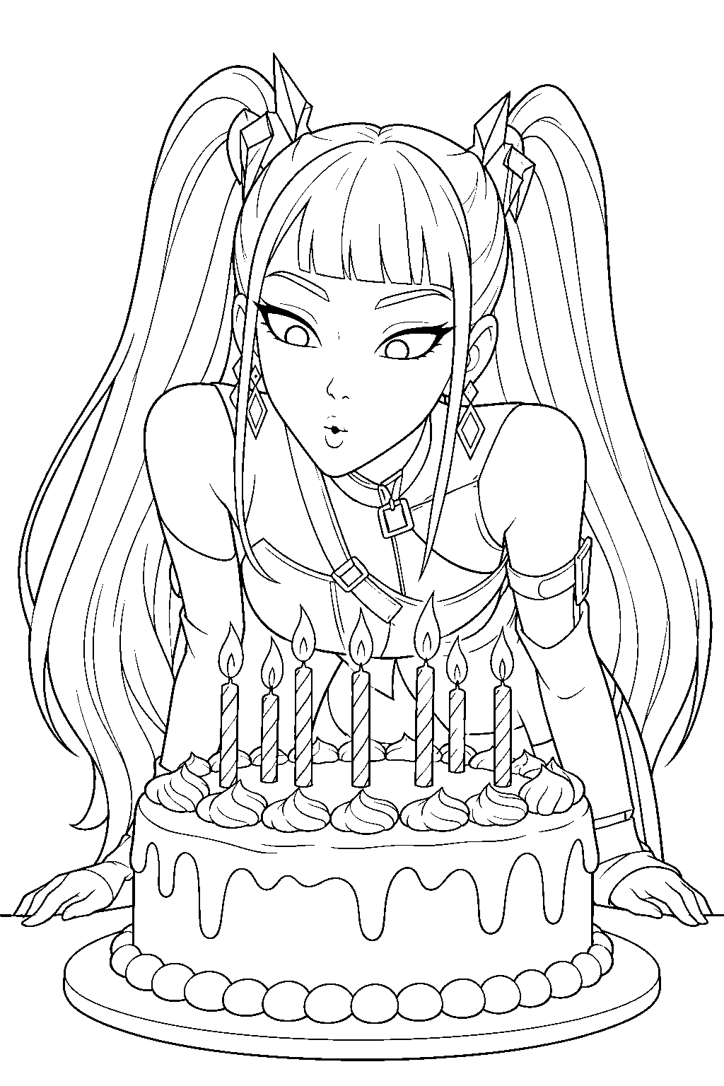 kpop demon hunters mira blowing out candles on a birthday cake line art