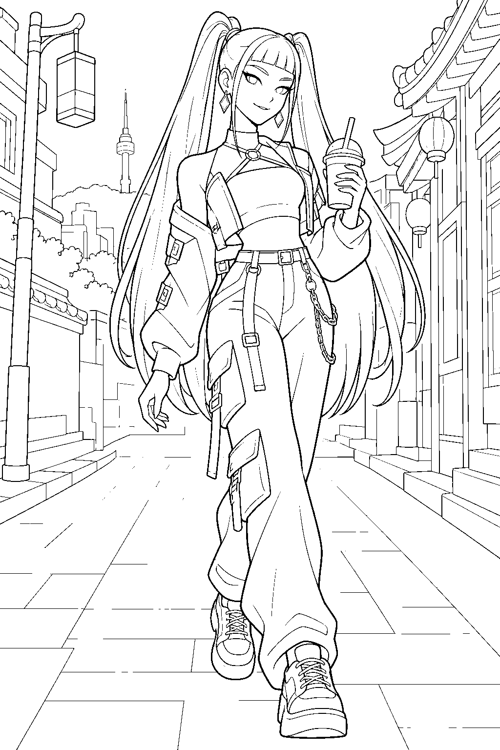 kpop demon hunters mira carrying a drink through a seoul street line art