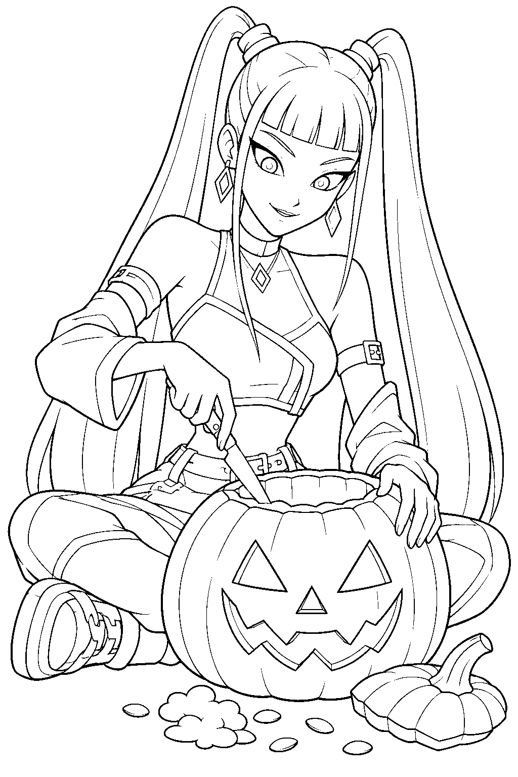 kpop demon hunters mira carving a halloween pumpkin line art