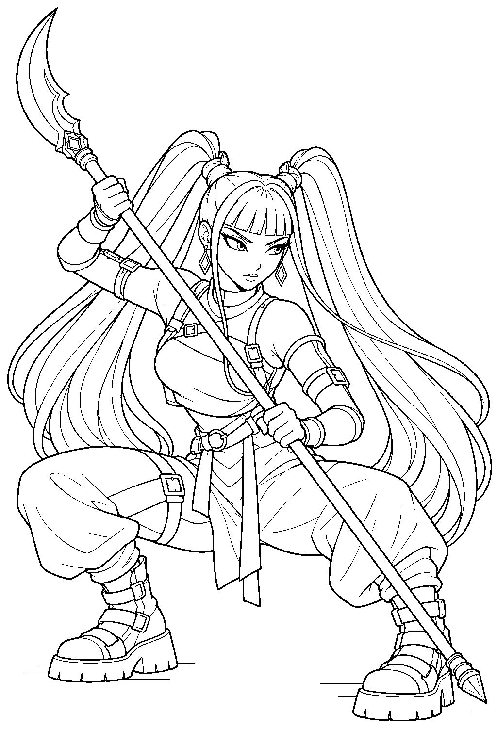 kpop demon hunters mira crouching to block a demon attack line art