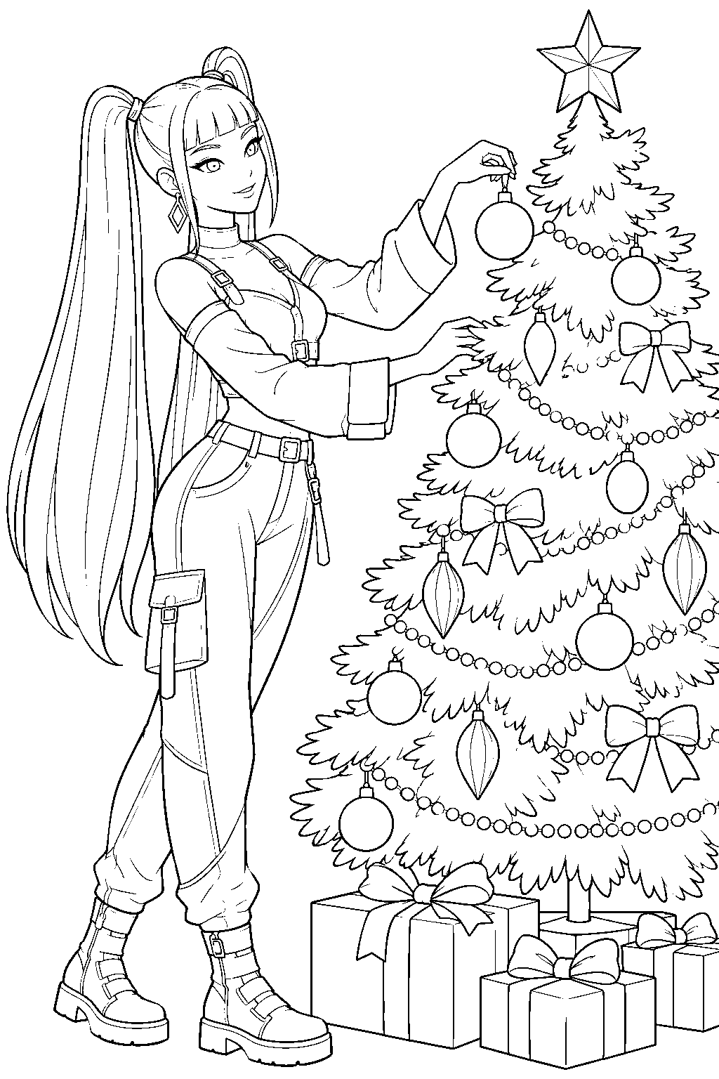 kpop demon hunters mira decorating a christmas tree line art