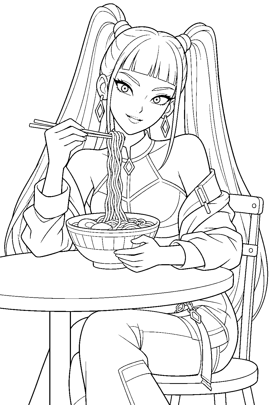 kpop demon hunters mira eating ramen with chopsticks at a cafe line art