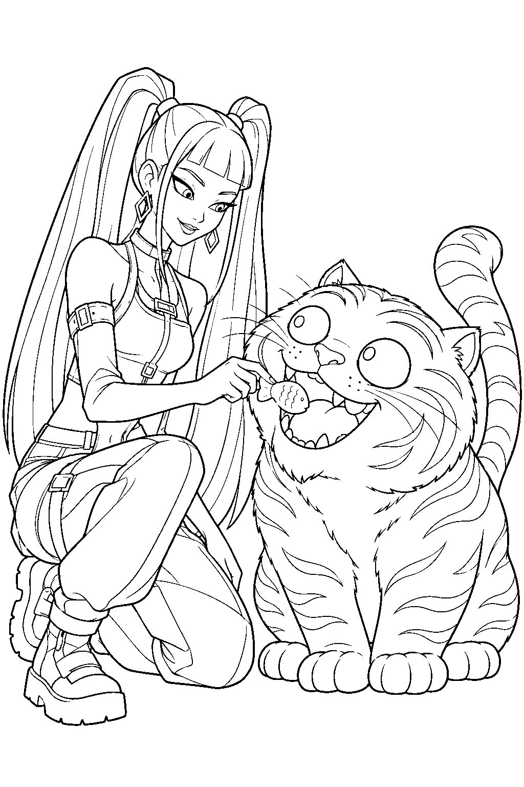 kpop demon hunters mira feeding a snack to derpy tiger line art