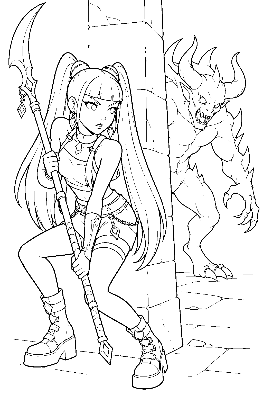 kpop demon hunters mira hiding behind a wall from a demon line art
