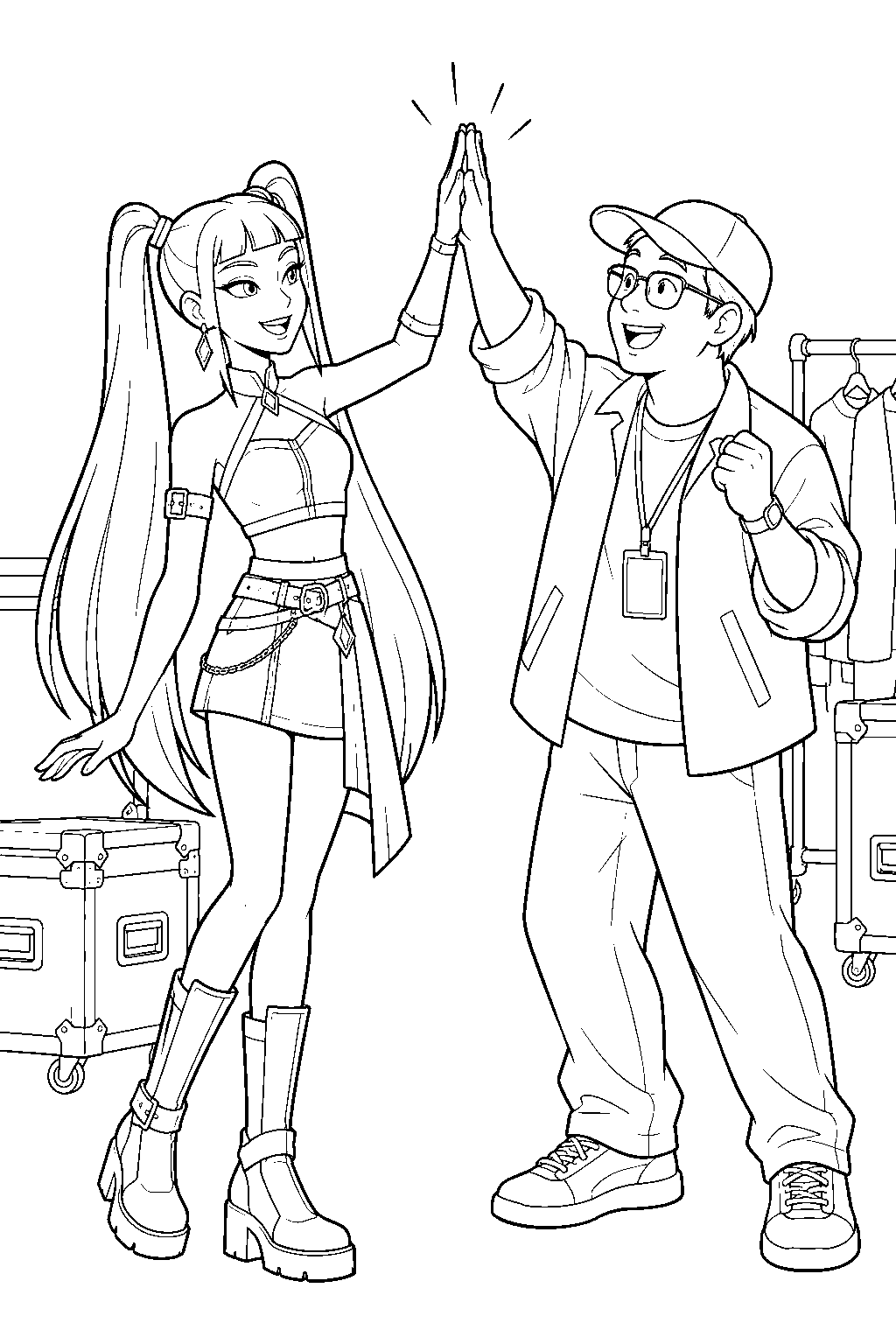 kpop demon hunters mira high fiving bobby backstage line art