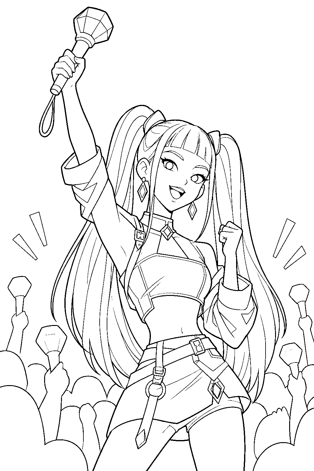 kpop demon hunters mira holding a light stick in a concert crowd line art