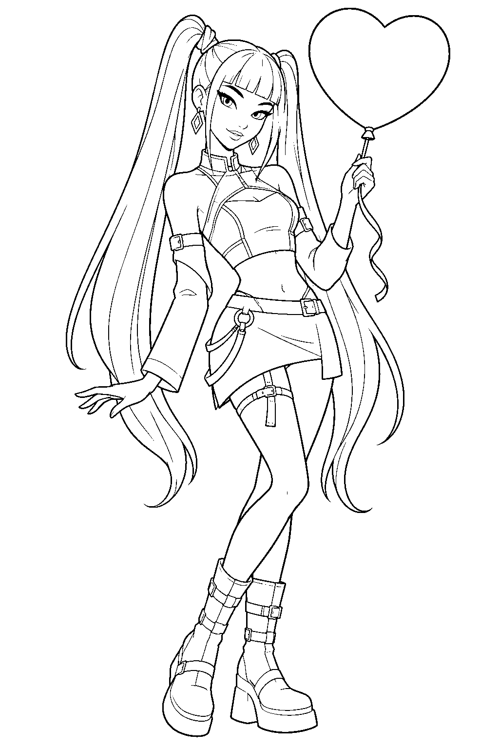 kpop demon hunters mira holding a valentine heart balloon line art
