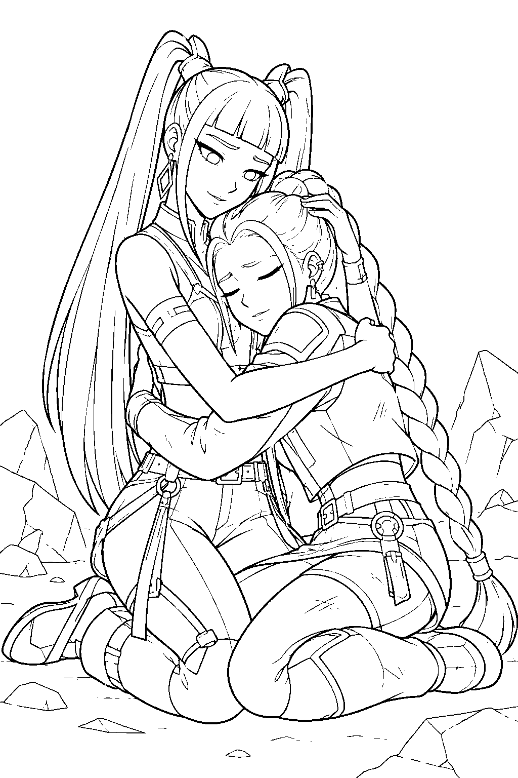 kpop demon hunters mira hugging rumi after the final battle line art