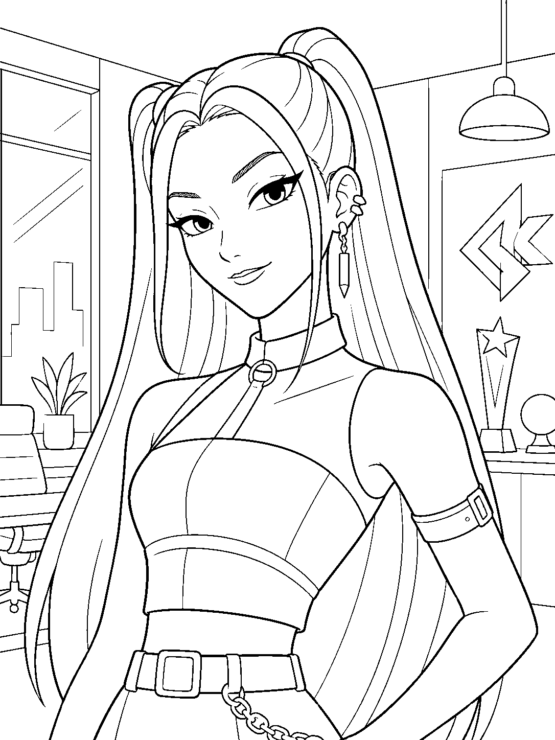 kpop demon hunters mira in talent agency headquarters line art