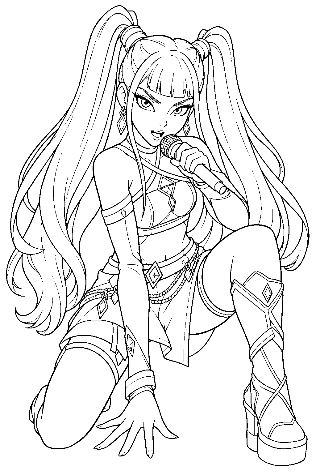 kpop demon hunters mira kneeling with a microphone during takedown line art