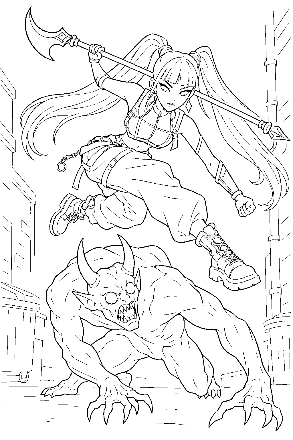 kpop demon hunters mira leaping over a demon in a city alley line art