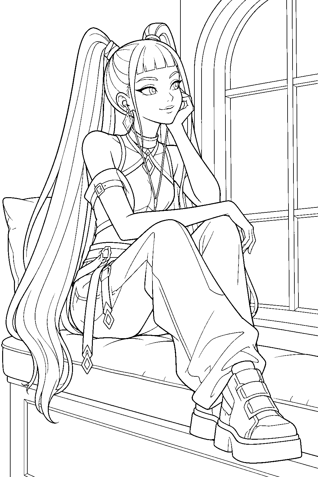 kpop demon hunters mira listening to music on a window seat line art