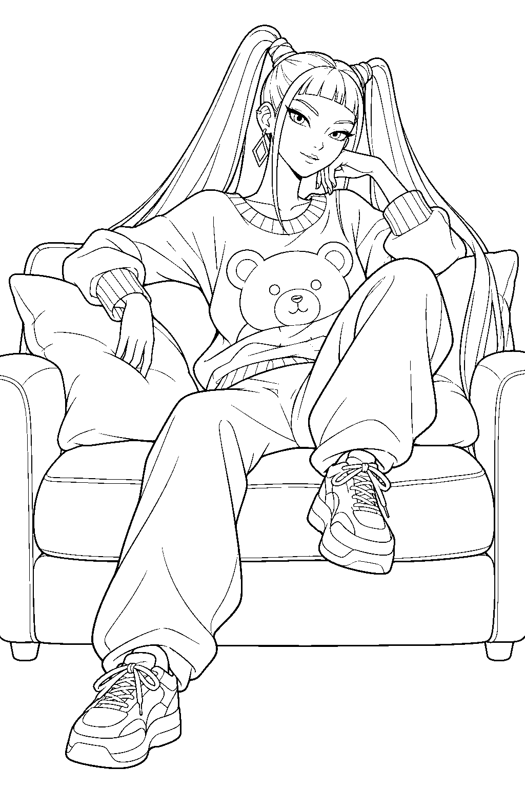 kpop demon hunters mira lounging on a couch in a teddy bear sweater line art