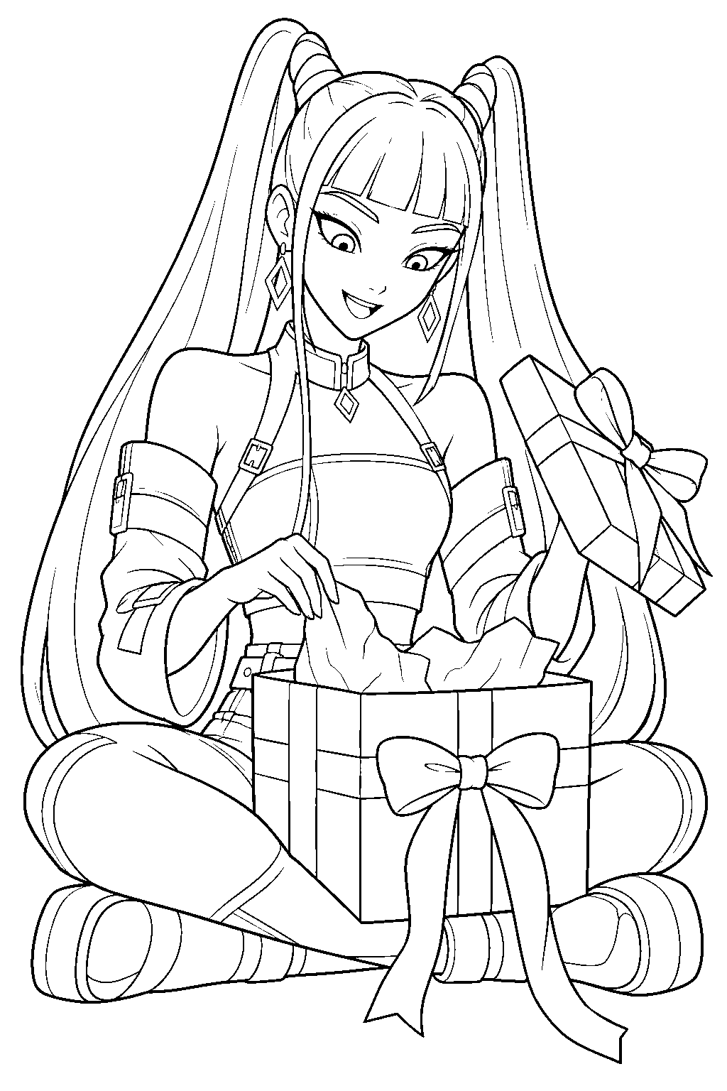 kpop demon hunters mira opening a christmas present line art