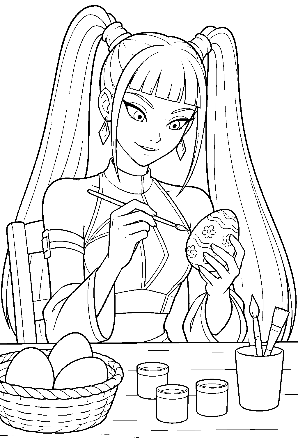 kpop demon hunters mira painting an easter egg at a table line art
