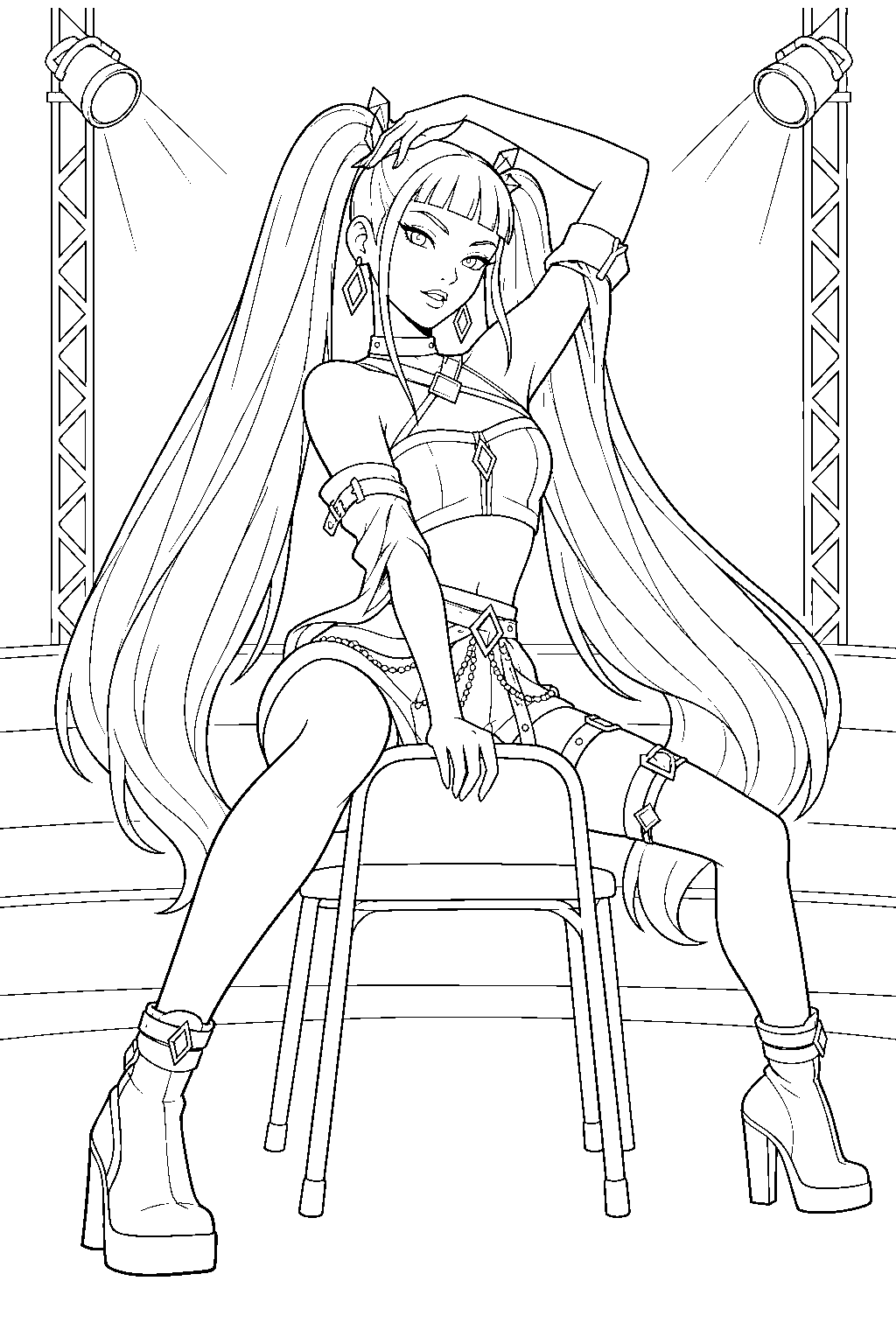 kpop demon hunters mira performing a chair dance on stage line art