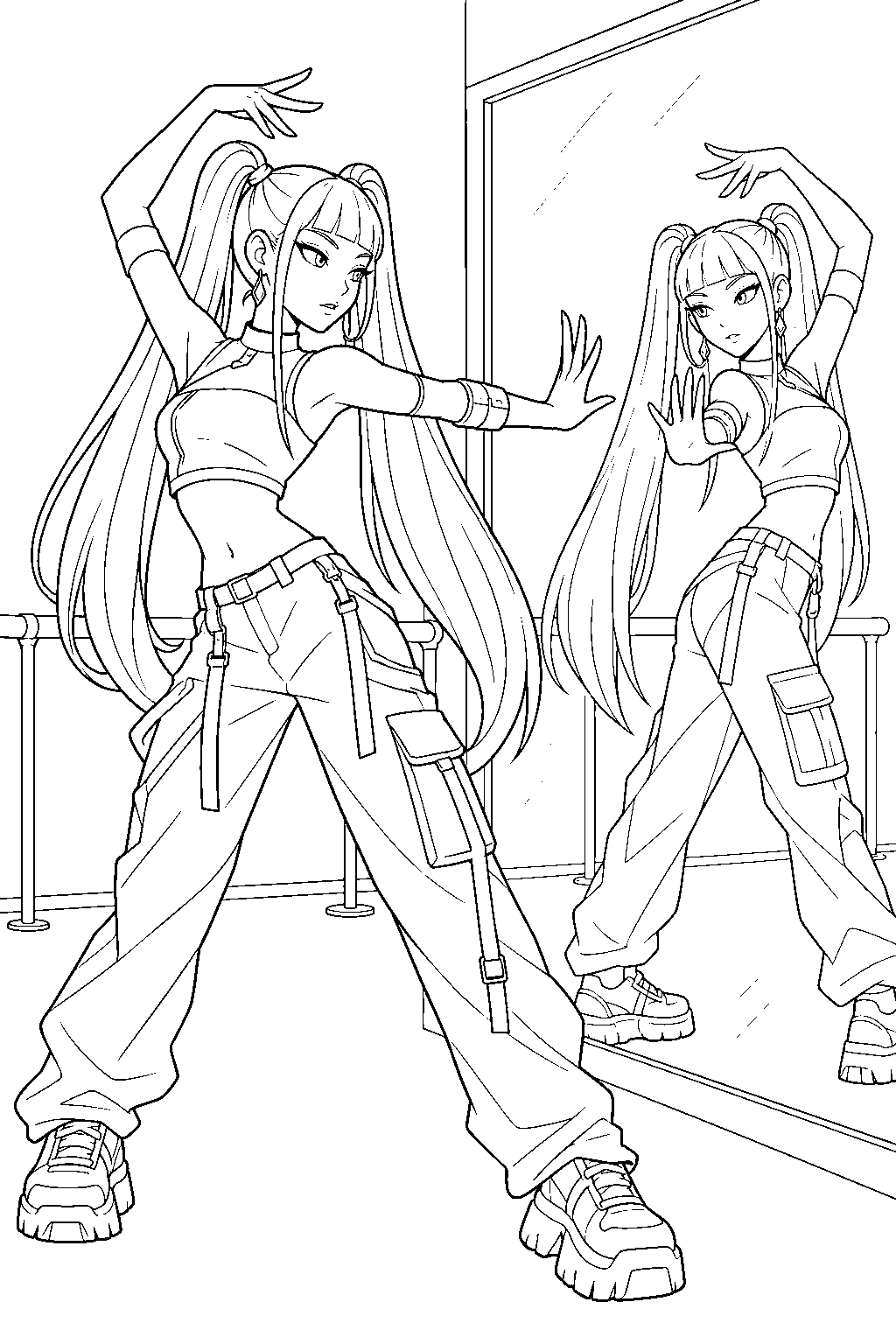 kpop demon hunters mira practicing choreography in a mirror line art