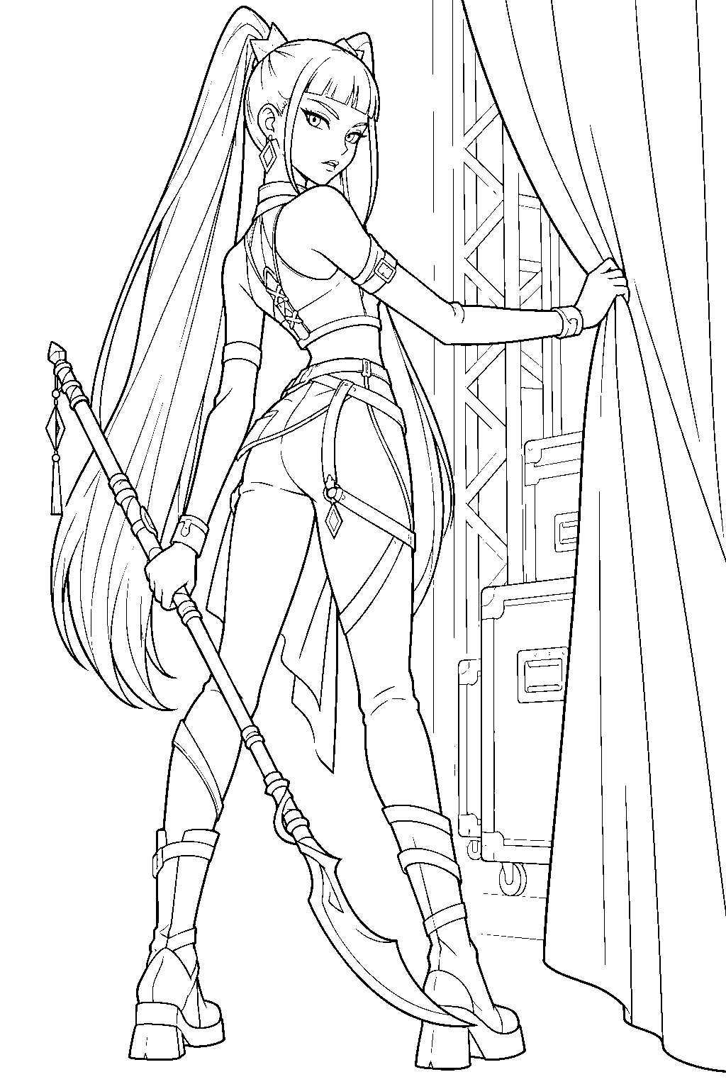 kpop demon hunters mira pulling back a backstage curtain line art