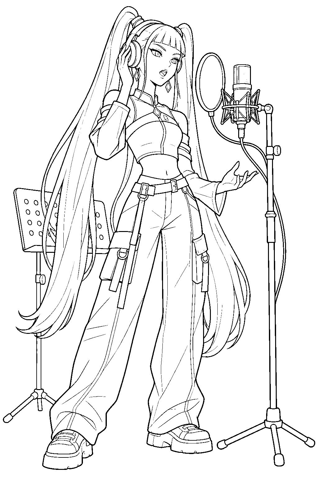 kpop demon hunters mira recording vocals in a music studio line art